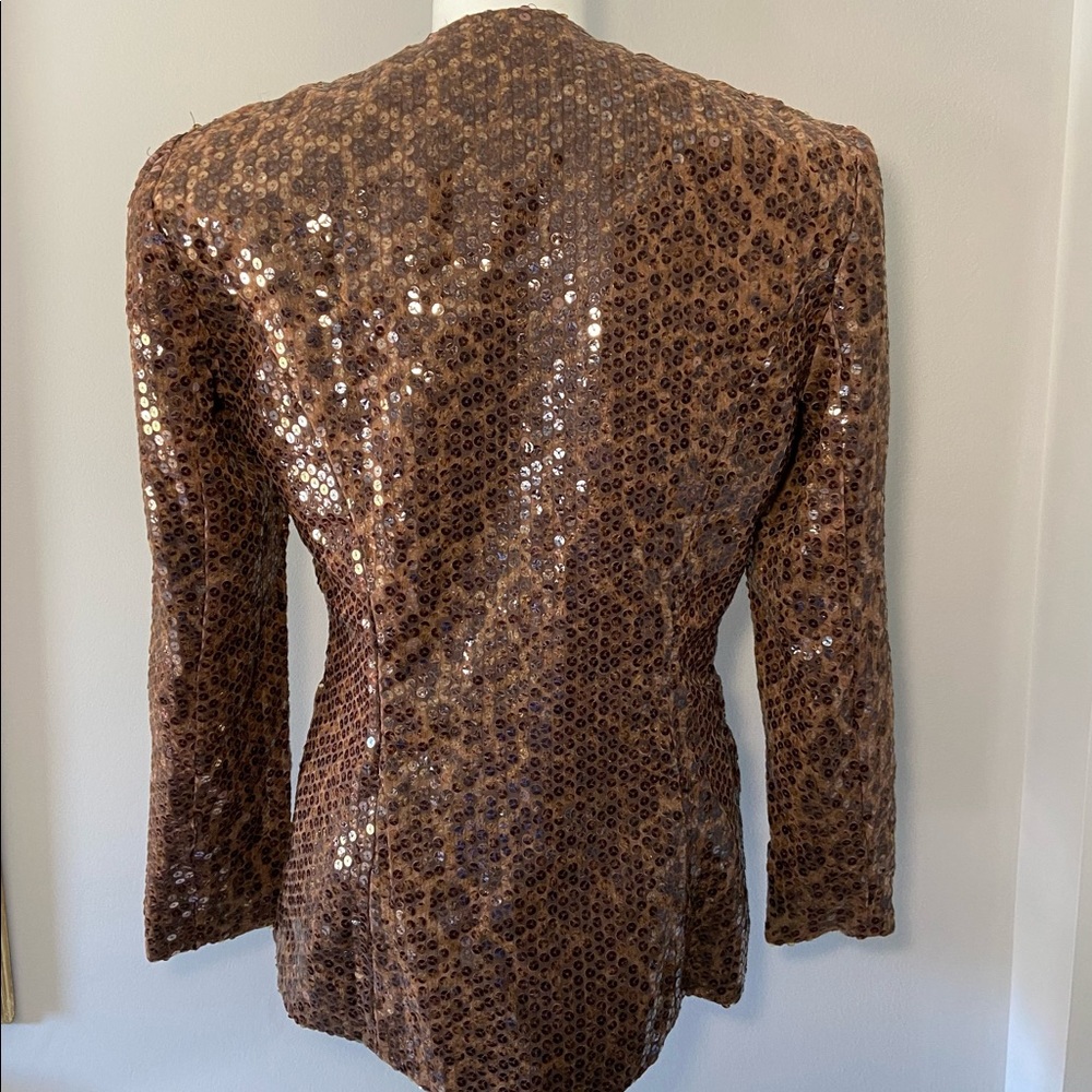 Farinae Collection Ladies 6 Lined Leopard Print Brown Sequin Jacket Made in USA - Picture 4 of 5